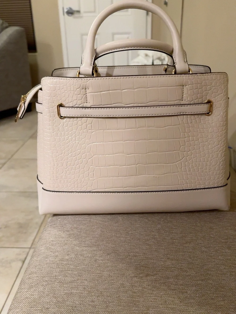 Michael Kors Cream Croc-Embossed Satchel with Gold Hardware